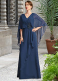 Renee A-line V-Neck Floor-Length Chiffon Mother of the Bride Dress With Beading Cascading Ruffles STIP0021766