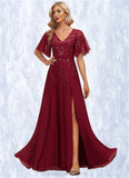 Amara A-line V-Neck Floor-Length Chiffon Lace Mother of the Bride Dress With Sequins STIP0021767