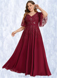 Amara A-line V-Neck Floor-Length Chiffon Lace Mother of the Bride Dress With Sequins STIP0021767
