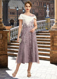 Kaitlyn A-line Scoop Tea-Length Chiffon Lace Mother of the Bride Dress With Sequins STIP0021773
