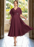 Madeleine A-line V-Neck Tea-Length Chiffon Mother of the Bride Dress With Beading Pleated STIP0021774