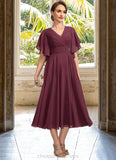 Madeleine A-line V-Neck Tea-Length Chiffon Mother of the Bride Dress With Beading Pleated STIP0021774