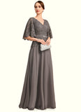 Naomi A-line V-Neck Floor-Length Chiffon Lace Mother of the Bride Dress With Rhinestone Crystal Brooch STIP0021782