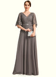 Naomi A-line V-Neck Floor-Length Chiffon Lace Mother of the Bride Dress With Rhinestone Crystal Brooch STIP0021782