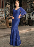 Skyler Trumpet/Mermaid V-Neck Floor-Length Chiffon Lace Mother of the Bride Dress With Sequins STIP0021795