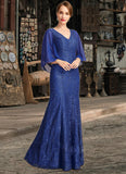Skyler Trumpet/Mermaid V-Neck Floor-Length Chiffon Lace Mother of the Bride Dress With Sequins STIP0021795