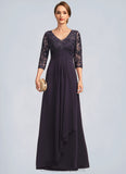 Kirsten A-line V-Neck Floor-Length Chiffon Lace Mother of the Bride Dress With Cascading Ruffles Sequins STIP0021796