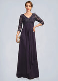 Kirsten A-line V-Neck Floor-Length Chiffon Lace Mother of the Bride Dress With Cascading Ruffles Sequins STIP0021796