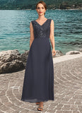 Rowan A-line V-Neck Ankle-Length Chiffon Lace Sequin Mother of the Bride Dress STIP0021798