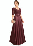 Madeline A-line V-Neck Floor-Length Lace Satin Mother of the Bride Dress With Sequins STIP0021803