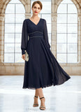 Aria A-line V-Neck Tea-Length Chiffon Mother of the Bride Dress With Beading Pleated STIP0021804