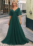 Kylie A-line V-Neck Floor-Length Chiffon Mother of the Bride Dress With Pleated Appliques Lace Sequins STIP0021807