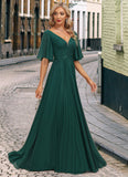 Kylie A-line V-Neck Floor-Length Chiffon Mother of the Bride Dress With Pleated Appliques Lace Sequins STIP0021807