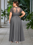 Ruby A-line V-Neck Illusion Ankle-Length Chiffon Lace Mother of the Bride Dress With Sequins STIP0021830