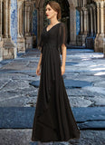 Harper A-line V-Neck Floor-Length Chiffon Mother of the Bride Dress With Beading Cascading Ruffles Sequins STIP0021836