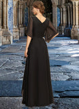 Harper A-line V-Neck Floor-Length Chiffon Mother of the Bride Dress With Beading Cascading Ruffles Sequins STIP0021836