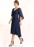 Gracie A-line V-Neck Asymmetrical Chiffon Mother of the Bride Dress With Pleated Appliques Lace STIP0021845