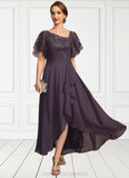 Precious A-line Asymmetrical Asymmetrical Chiffon Lace Mother of the Bride Dress With Cascading Ruffles Sequins STIP0021846