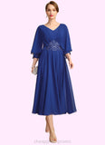 Bailey A-line V-Neck Tea-Length Chiffon Mother of the Bride Dress With Beading Pleated Appliques Lace Sequins STIP0021853
