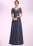 Gracie A-line V-Neck Illusion Floor-Length Chiffon Lace Mother of the Bride Dress With Sequins STIP0021867