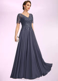 Gracie A-line V-Neck Illusion Floor-Length Chiffon Lace Mother of the Bride Dress With Sequins STIP0021867