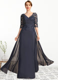 Janice A-line V-Neck Floor-Length Chiffon Lace Mother of the Bride Dress With Pleated Sequins STIP0021880