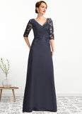 Janice A-line V-Neck Floor-Length Chiffon Lace Mother of the Bride Dress With Pleated Sequins STIP0021880
