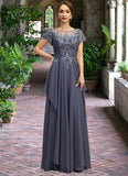 Scarlett A-line Scoop Illusion Floor-Length Chiffon Lace Mother of the Bride Dress With Cascading Ruffles Sequins STIP0021897