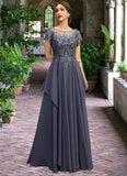 Scarlett A-line Scoop Illusion Floor-Length Chiffon Lace Mother of the Bride Dress With Cascading Ruffles Sequins STIP0021897