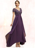 Kenya A-line V-Neck Asymmetrical Chiffon Lace Mother of the Bride Dress With Cascading Ruffles STIP0021899