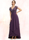 Kenya A-line V-Neck Asymmetrical Chiffon Lace Mother of the Bride Dress With Cascading Ruffles STIP0021899