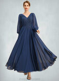 Lia A-line V-Neck Ankle-Length Chiffon Lace Mother of the Bride Dress With Pleated STIP0021908