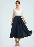 Cora A-line V-Neck Tea-Length Chiffon Mother of the Bride Dress With Beading Pleated STIP0021923