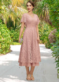 Roberta A-line V-Neck Tea-Length Chiffon Lace Mother of the Bride Dress With Pleated STIP0021927