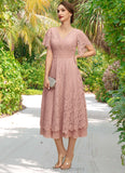 Roberta A-line V-Neck Tea-Length Chiffon Lace Mother of the Bride Dress With Pleated STIP0021927