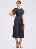 Valeria A-line Scoop Tea-Length Chiffon Lace Mother of the Bride Dress With Pleated STIP0021928