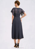 Valeria A-line Scoop Tea-Length Chiffon Lace Mother of the Bride Dress With Pleated STIP0021928