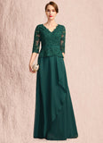 Abbigail A-line V-Neck Floor-Length Chiffon Lace Mother of the Bride Dress With Cascading Ruffles Sequins STIP0021934