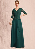 Abbigail A-line V-Neck Floor-Length Chiffon Lace Mother of the Bride Dress With Cascading Ruffles Sequins STIP0021934