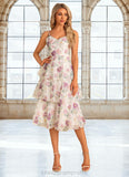 Melanie A-line V-Neck Tea-Length Chiffon Bridesmaid Dress With Cascading Ruffles Floral Print STIP0022567