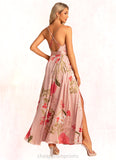 Deborah A-line V-Neck Floor-Length Asymmetrical Satin Bridesmaid Dress With Floral Print STIP0022568