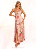 Deborah A-line V-Neck Floor-Length Asymmetrical Satin Bridesmaid Dress With Floral Print STIP0022568