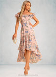 Tiana Trumpet/Mermaid Scoop Straight Floor-Length Asymmetrical Chiffon Bridesmaid Dress With Ruffle Floral Print STIP0022569