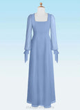 Lucille A-Line Chiffon Floor-Length Junior Bridesmaid Dress with Pockets Steel Blue STIP0022867