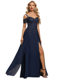 Zoe A-line Cold Shoulder Off the Shoulder Floor-Length Chiffon Lace Evening Dress With Sequins STIP0020794