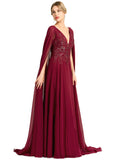 Aryanna A-line V-Neck Sweep Train Chiffon Lace Evening Dress With Sequins STIP0020803
