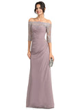 Ashleigh Sheath/Column Off the Shoulder Floor-Length Chiffon Lace Evening Dress With Pleated STIP0020860