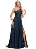 Aubrey A-line One Shoulder Illusion Sweep Train Chiffon Lace Evening Dress With Sequins STIP0020780