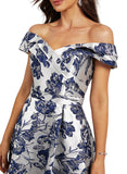 Aubrey A-line Off the Shoulder Asymmetrical Satin Cocktail Dress With Flower STIP0020879