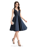 Karly A-line V-Neck Knee-Length Lace Satin Cocktail Dress With Beading STIP0020984